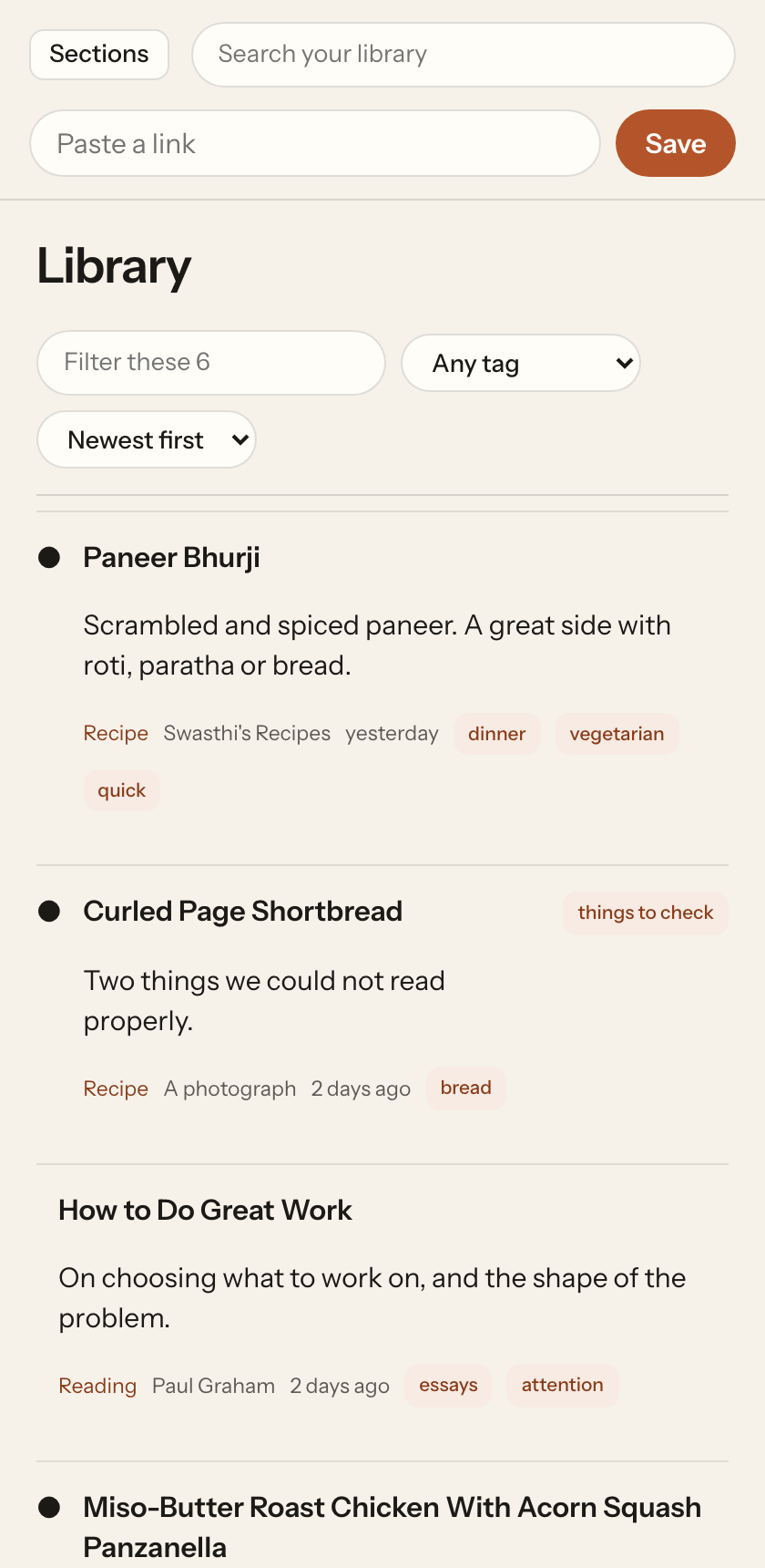 The Curate library at phone width, showing saved recipes and articles.